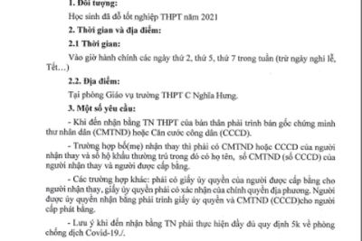 THÔNG BÁO TRẢ BẰNG TỐT NGHIỆP THPT NĂM 2021