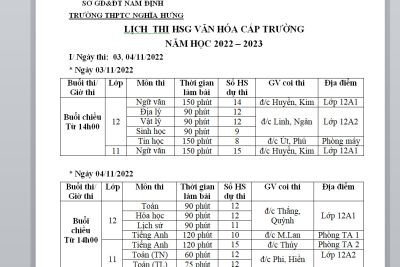 Lịch thi học sinh giỏi văn hóa cấp trường năm học 2022-2023